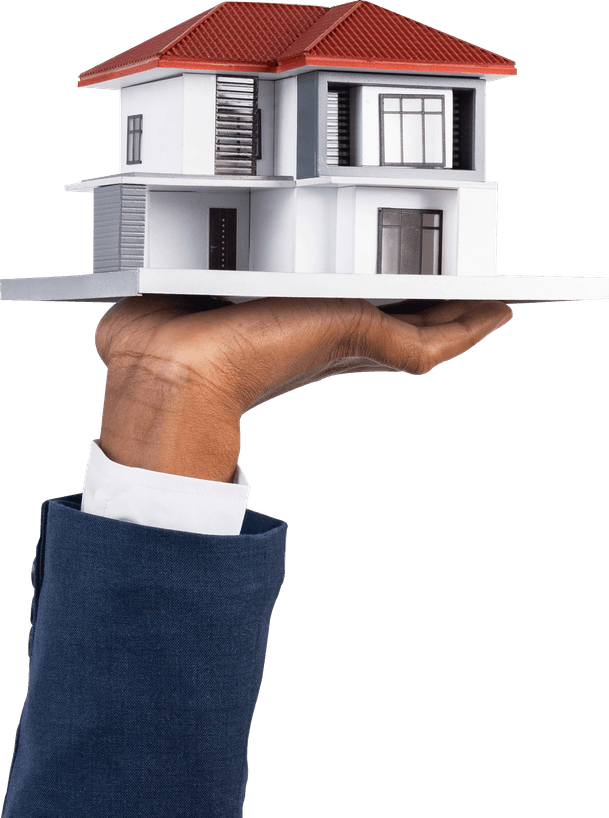 Arm holding a model house